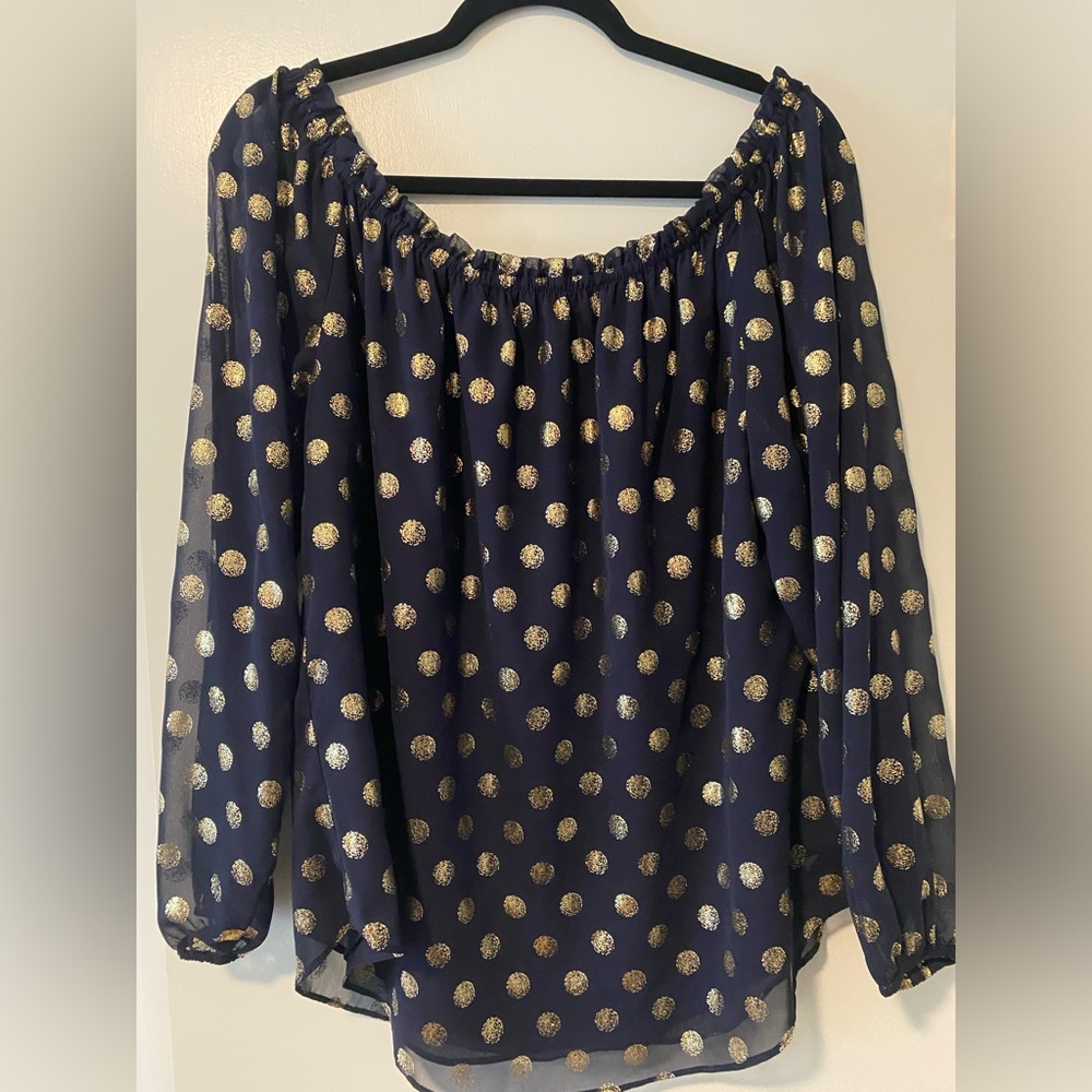 Joseph Ribkoff navy and gold blouse with elastic neckline size 14